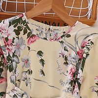 Girls Beige Floral Print Full Sleeves Pleated Casual Dress Casual Dresses   