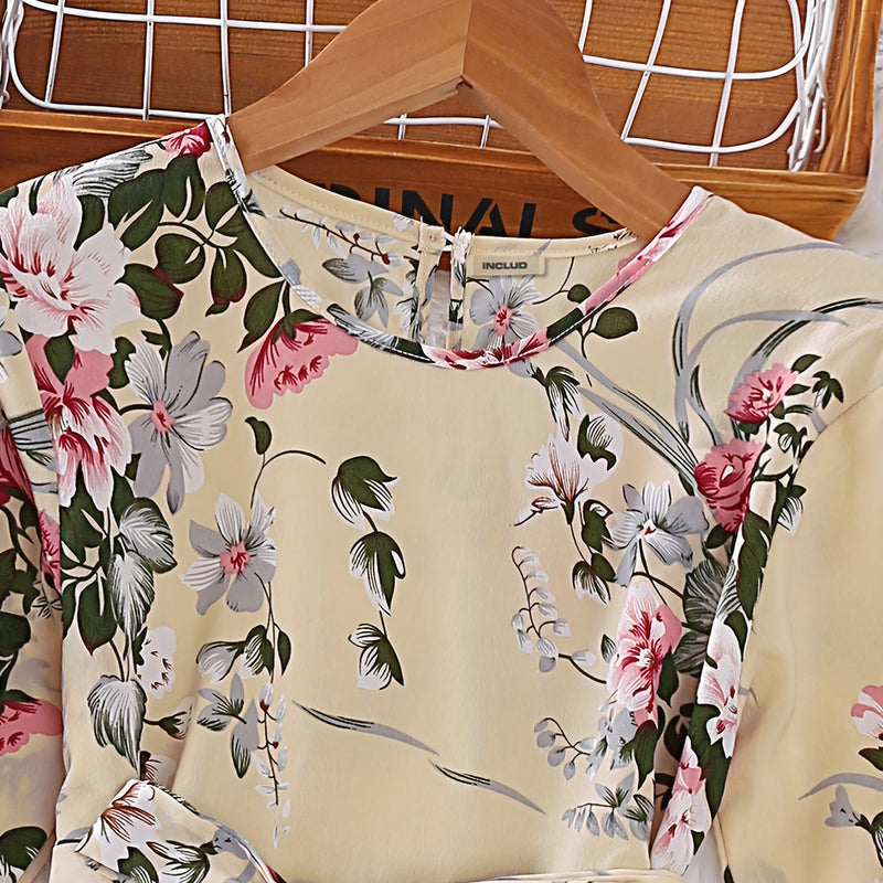 Girls Beige Floral Print Full Sleeves Pleated Casual Dress Casual Dresses   