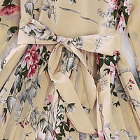 Girls Beige Floral Print Full Sleeves Pleated Casual Dress Casual Dresses   