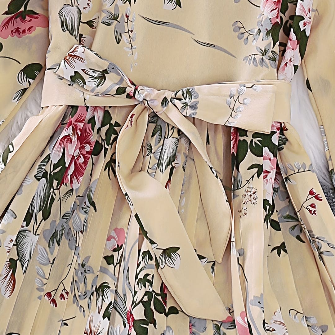 Girls Beige Floral Print Full Sleeves Pleated Casual Dress Casual Dresses   