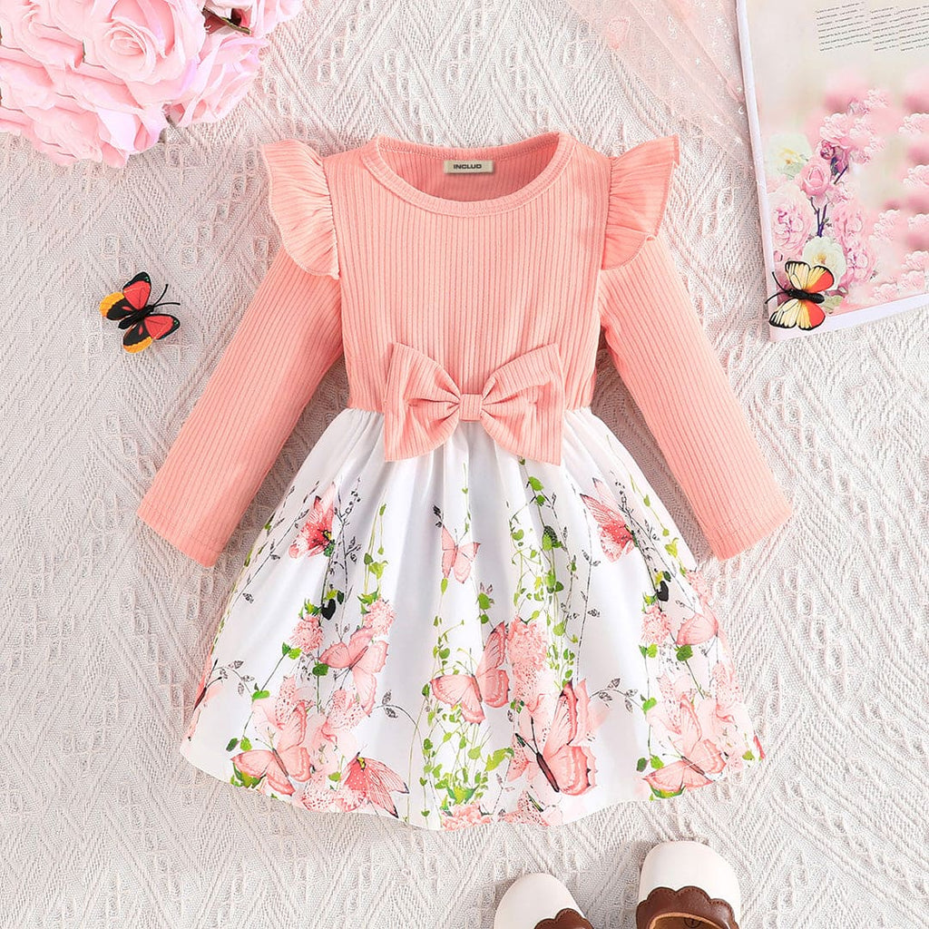 Girls Pink Butterfly Printed Fit & Flare Dress Casual Dresses Pink 3-6 M 