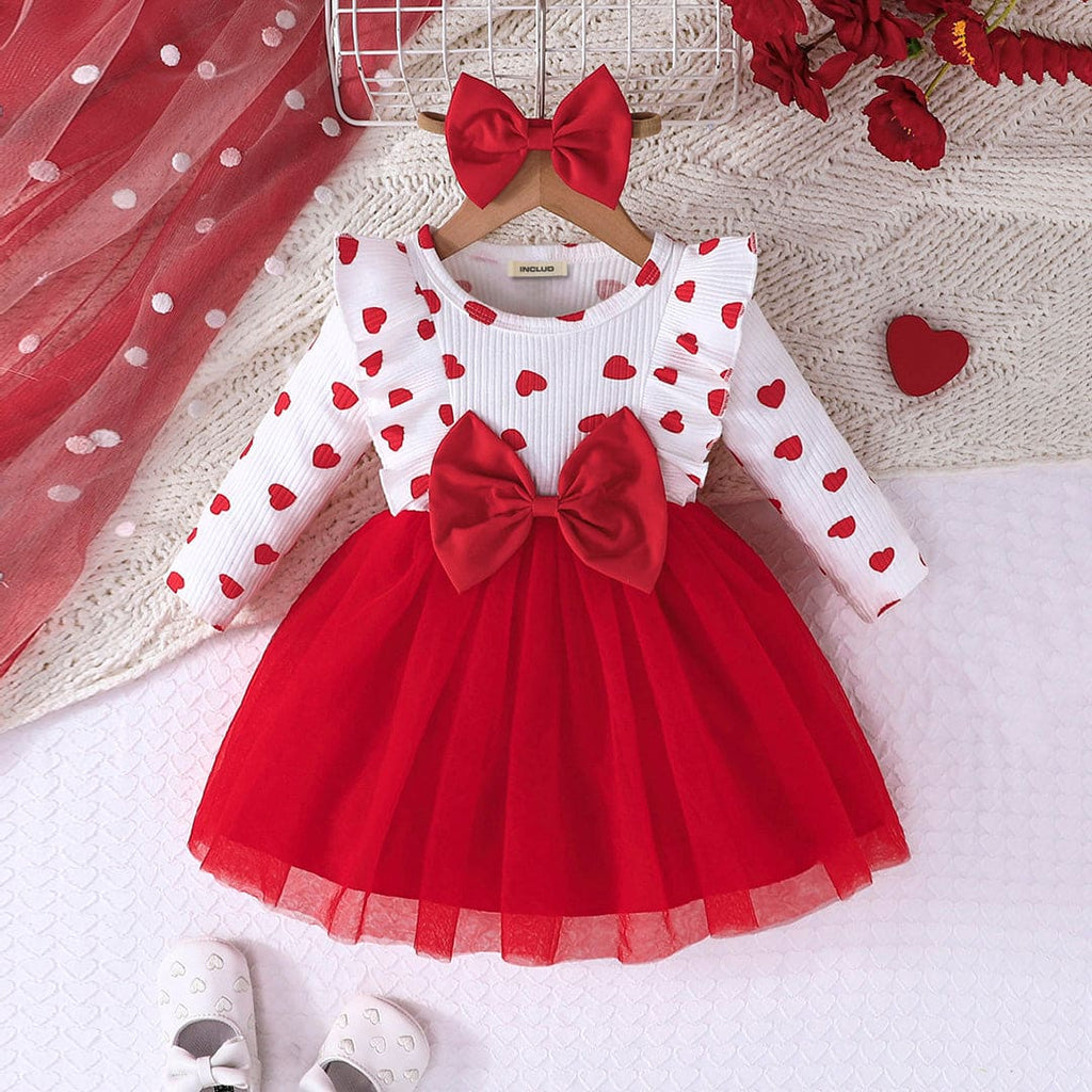 Girls Red Heart Print Flared Sleeves Fit & Flare Dress Casual Dresses Red 6-9 M 