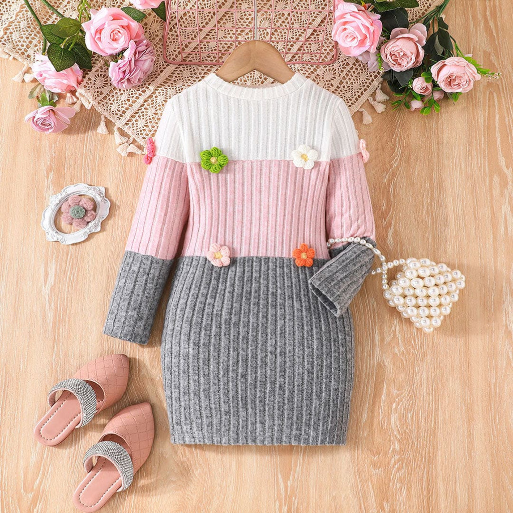 Girls Pink Knitted Full Sleeves Bodycon Dress Casual Dresses Pink 4-5 Y 