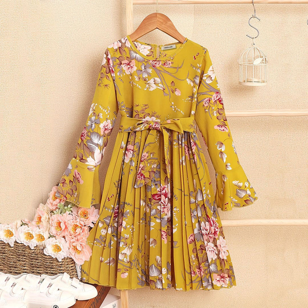 Girls Mustard Floral Print Full Sleeves Pleated Dress Casual Dresses Yellow 5-6 Y 