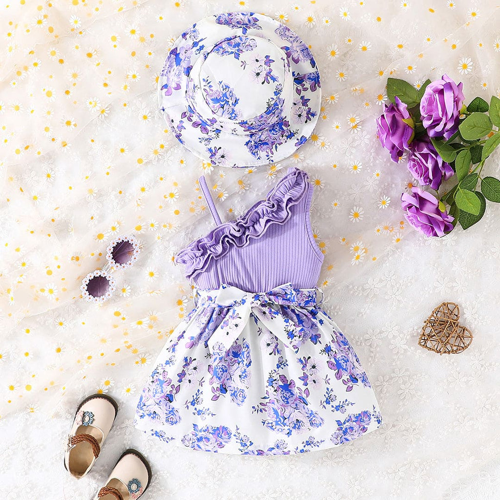 Girls Purple One-Shoulder Floral Print Dress with Hat Casual Dresses Purple 6-9 M 