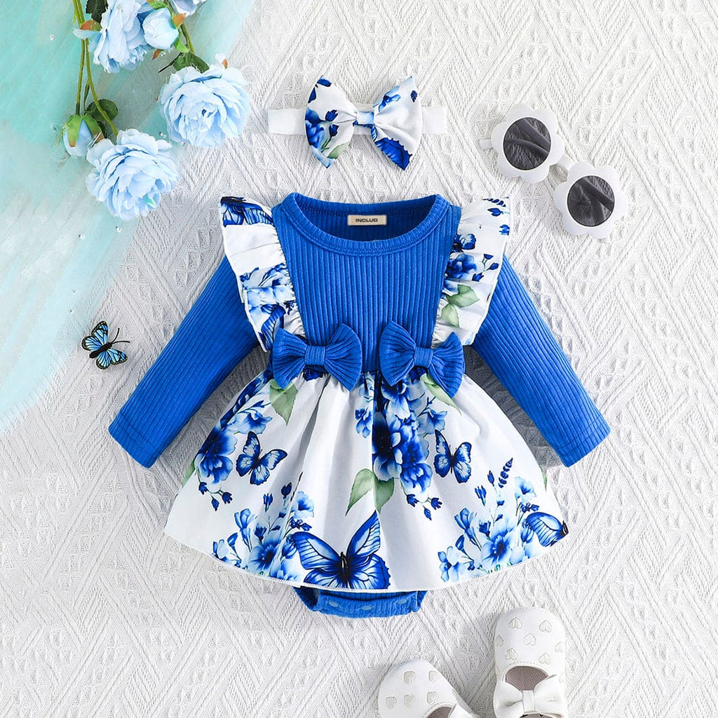 Girls Blue Long Sleeve Floral Printed Dress Casual Dresses Blue 0-3 M 