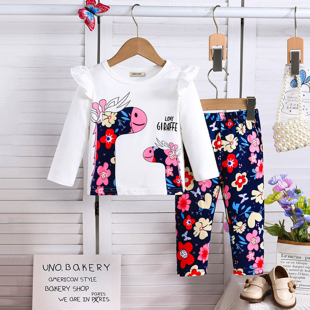 Girls White Graphic Print Full Sleeves T-shirt with Floral Print Pajama Set Sets White 6-9 M 