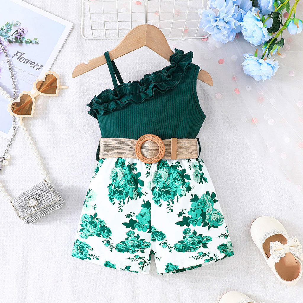 Girls Dark Green Floral Printed Jumpsuit Sets Dark Green 9-12 M 