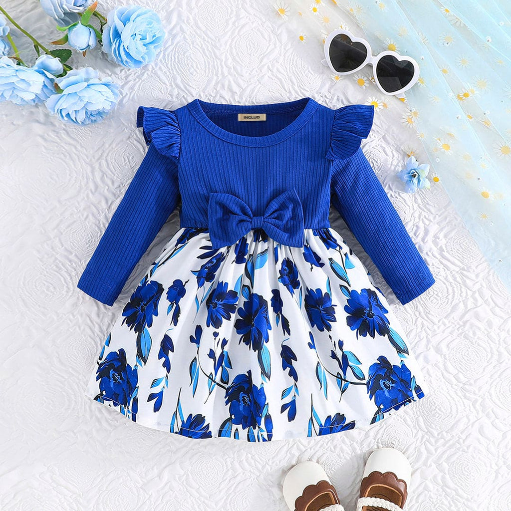 Girls Blue Floral Printed Fit & Flare Dress Casual Dresses Blue 3-6 M 