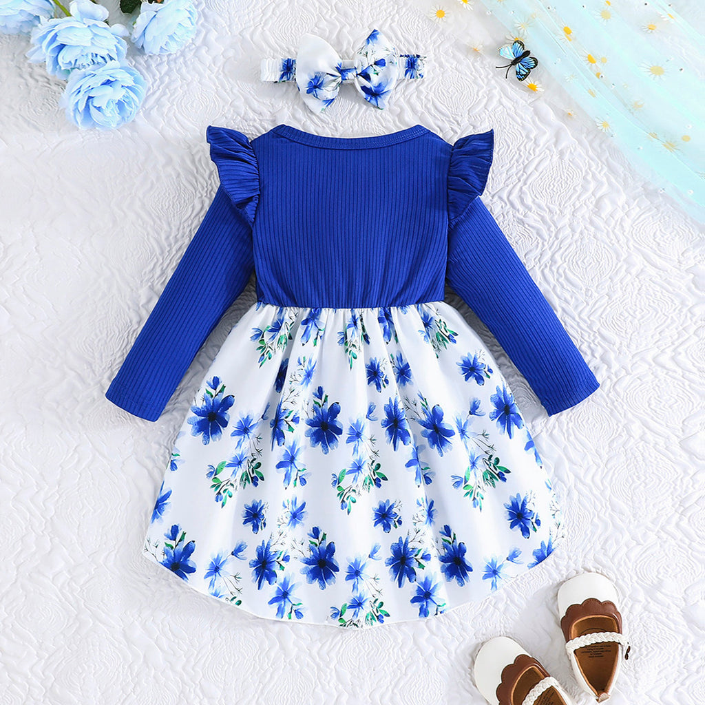 Girls Blue Long Sleeve Floral Printed Fit & Flare Dress Casual Dresses Blue 6-9 M 