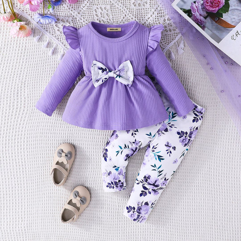 Girls Purple Knitted Top With Printed Pants Set Sets Purple 6-9 M 