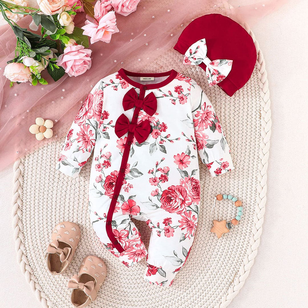 Girls Red Long Sleeve Floral Printed Romper Sets Red 6-9 M 