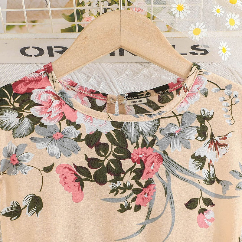 Girls Apricot Floral Print Pleated Casual Dress Casual Dresses   