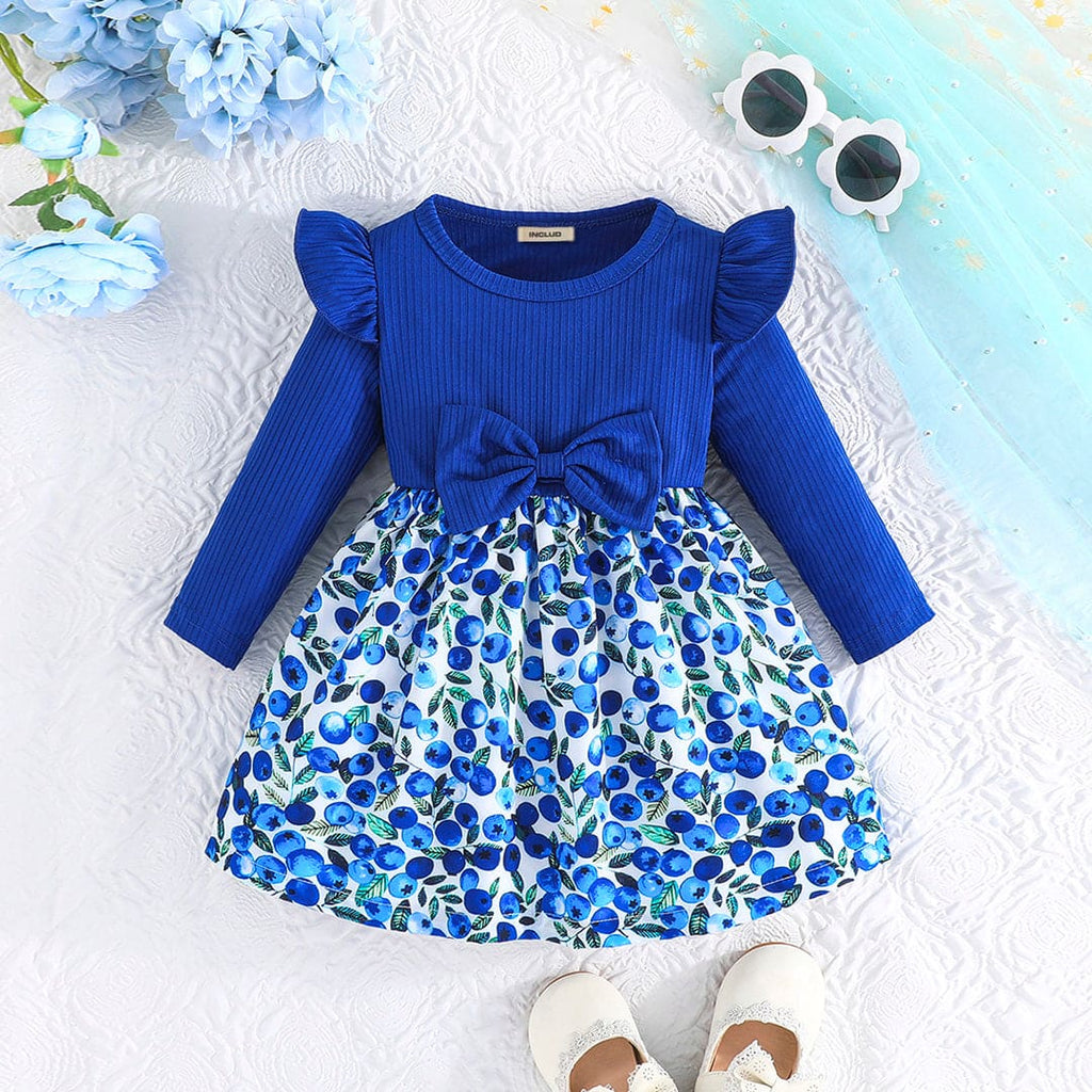 Girls Blue Long Sleeve Fit & Flare Printed Dress Casual Dresses Blue 6-9 M 