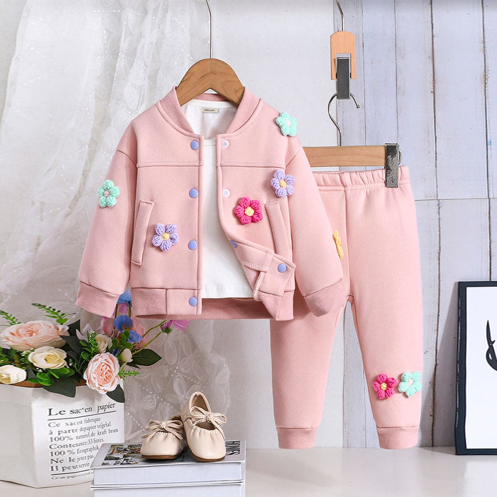 Girls Pink Floral Embroidered Jacket with Sweatpants Set Sets Pink 6-9 M 