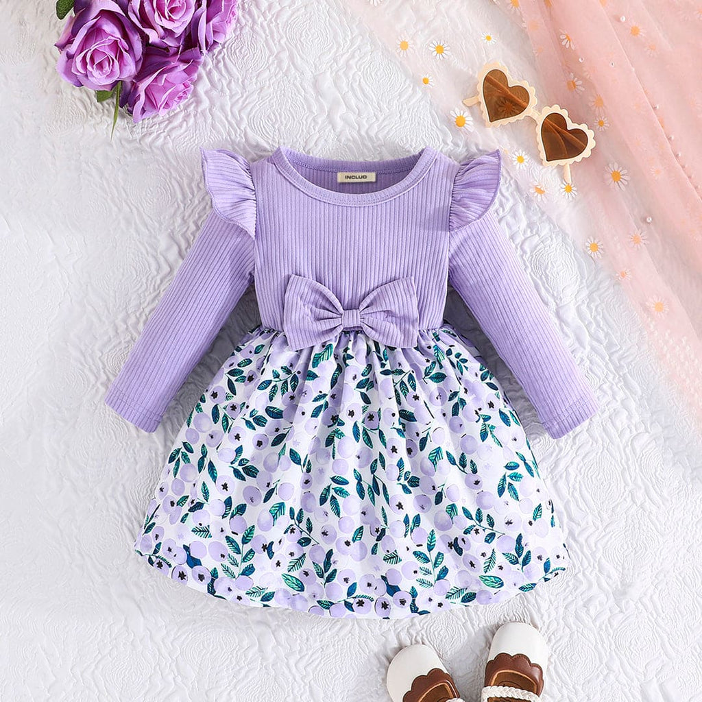 Girls Purple Long Sleeve Printed Fit & Flare Dress Casual Dresses Purple 6-9 M 