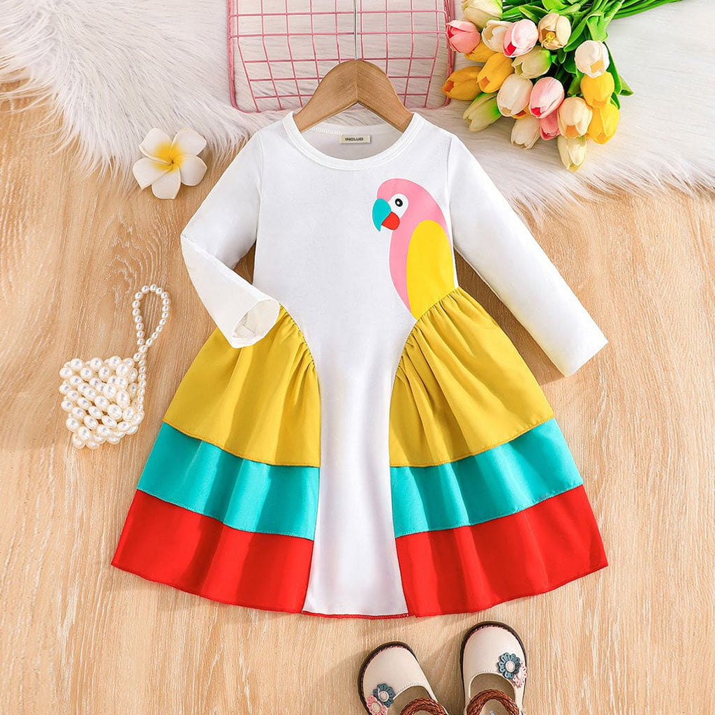 Girls White Parrot Print Full Sleeves Layered Dress Casual Dresses White 6-9 M 