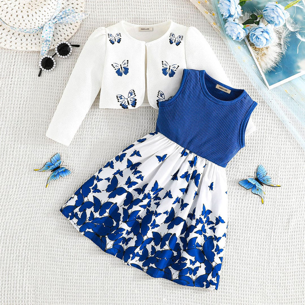 Girls Blue Butterfly Print Sleeveless Fit & Flare Dress with Shrug Casual Dresses Blue 4-5 Y 