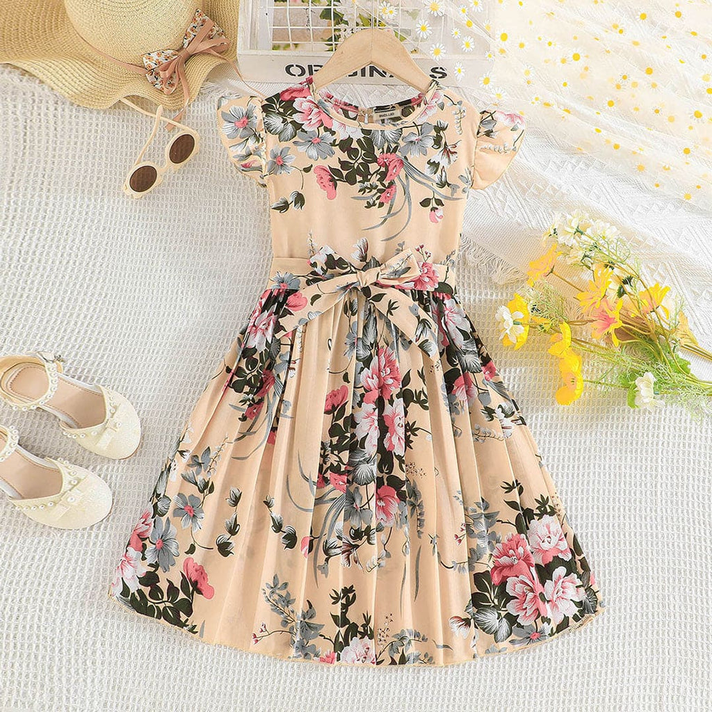 Girls Apricot Floral Print Pleated Casual Dress Casual Dresses Apricot 5-6 Y 