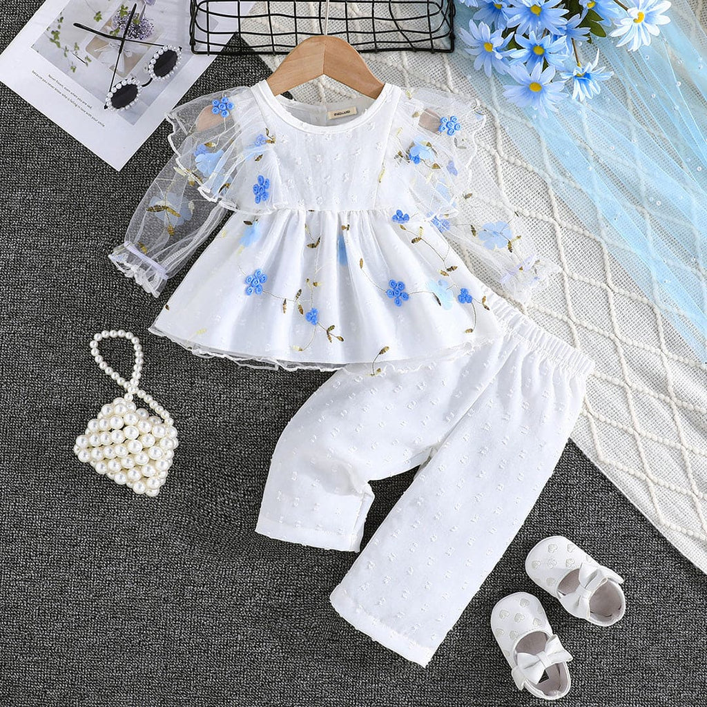 Girls Blue Flower Embroidered Top with Pants Set Sets White 6-9 M 