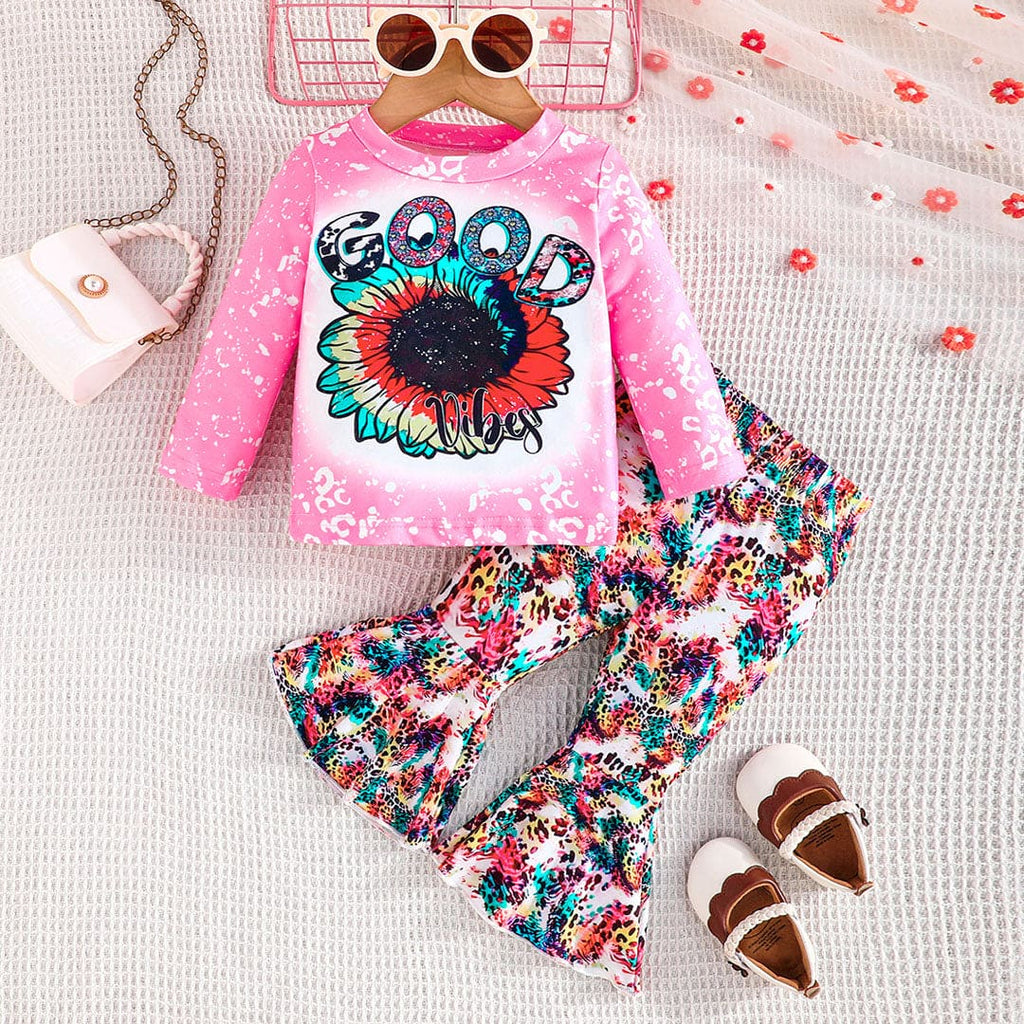 Girls Pink Printed Full Sleeves T-shirt with Flared Pants Sets Pink 6-9 M 