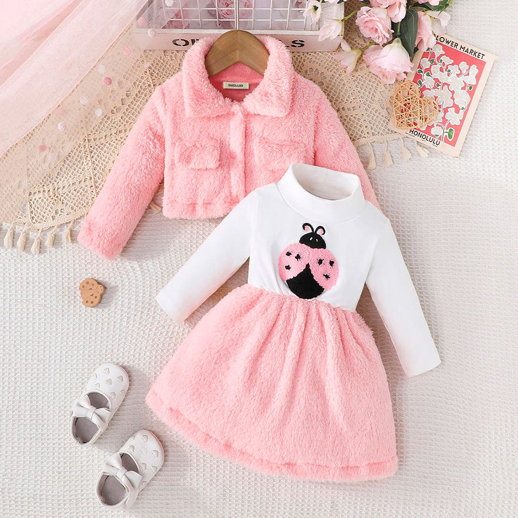 Girls Pink Fleece Full Sleeves Fit & Flare Dress with Jacket Casual Dresses Pink 6-9 M 