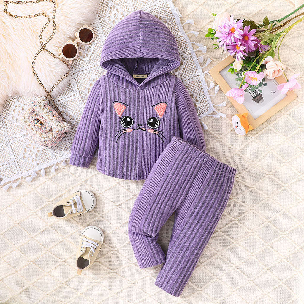 Girls Purple Cat Embroidered Hooded Sweatshirt with Pajama Set Sets Purple 6-9 M 