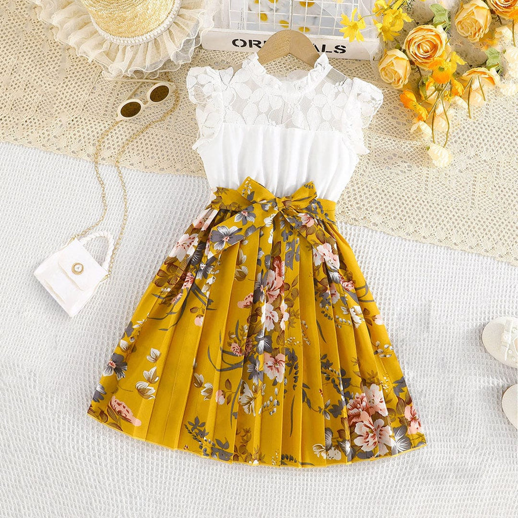 Girls Mustard Floral Print Pleated Dress Casual Dresses Yellow 7-8 Y 