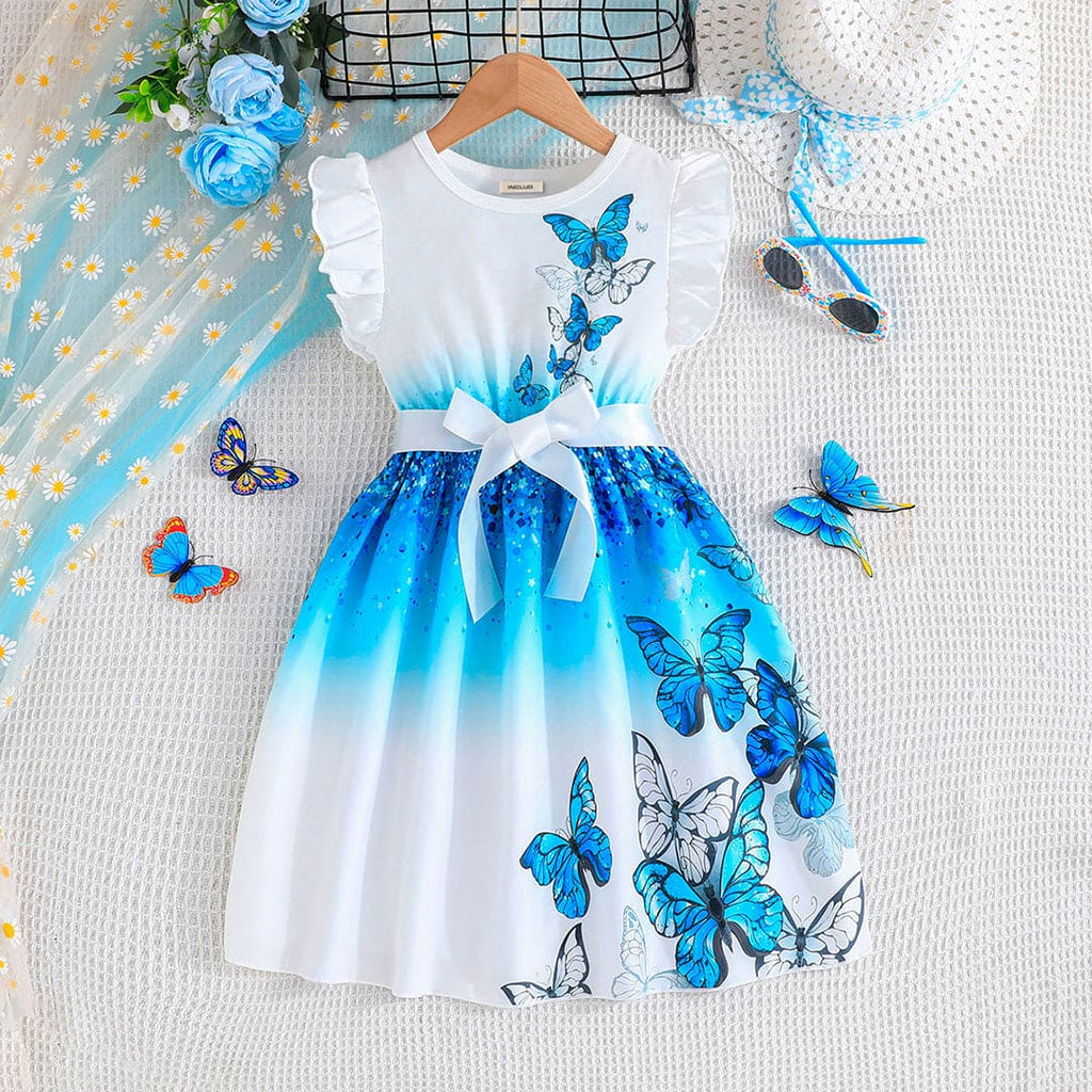 Girls White Butterfly Print Ombre Casual Dress Casual Dresses Teal 5-6 Y 