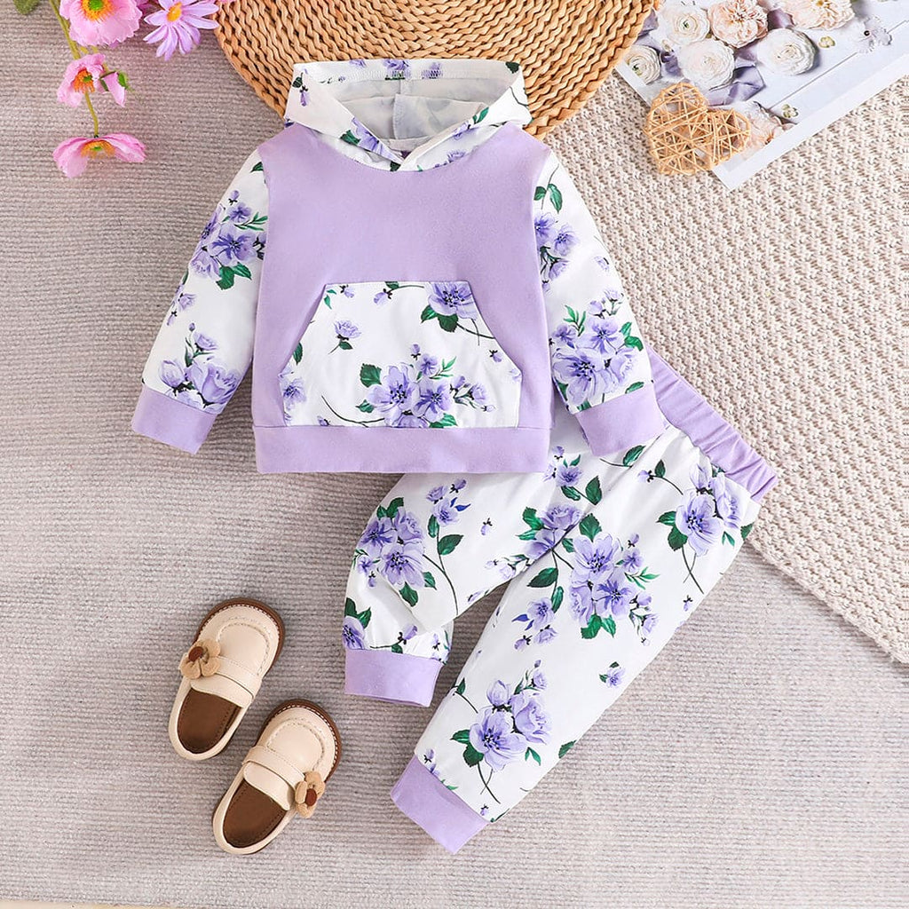 Girls Floral Print Hooded Sweatshirt with Pajama Set Sets Purple 6-9 M 