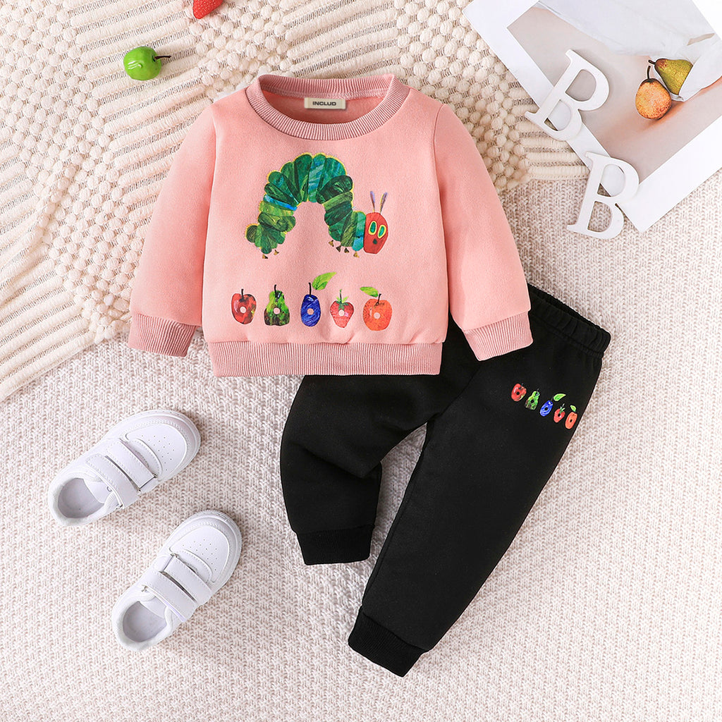 Girls Pink Printed Full Sleeves Sweatshirt with Trouser Set Sets Pink 6-9 M 