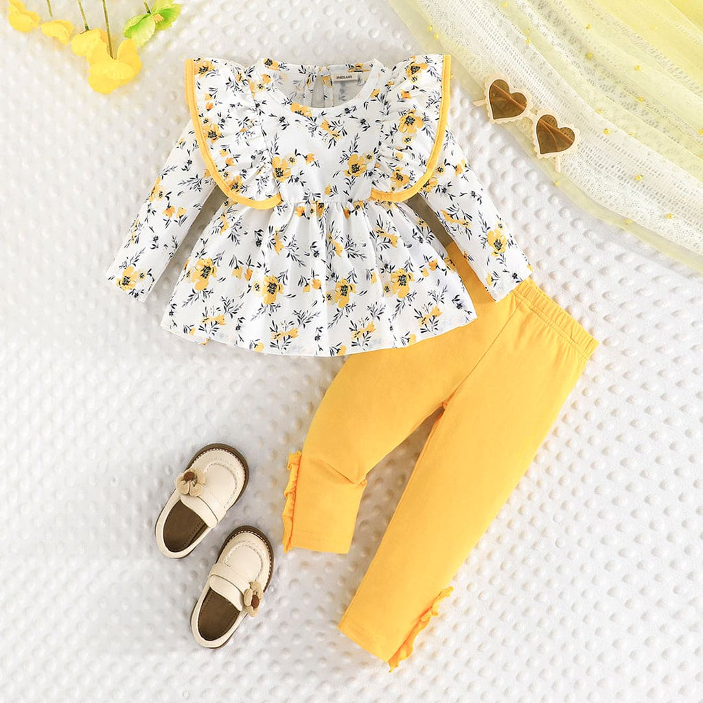 Girls Yellow Floral Printed Top With Pants Set Sets Yellow 6-9 M 