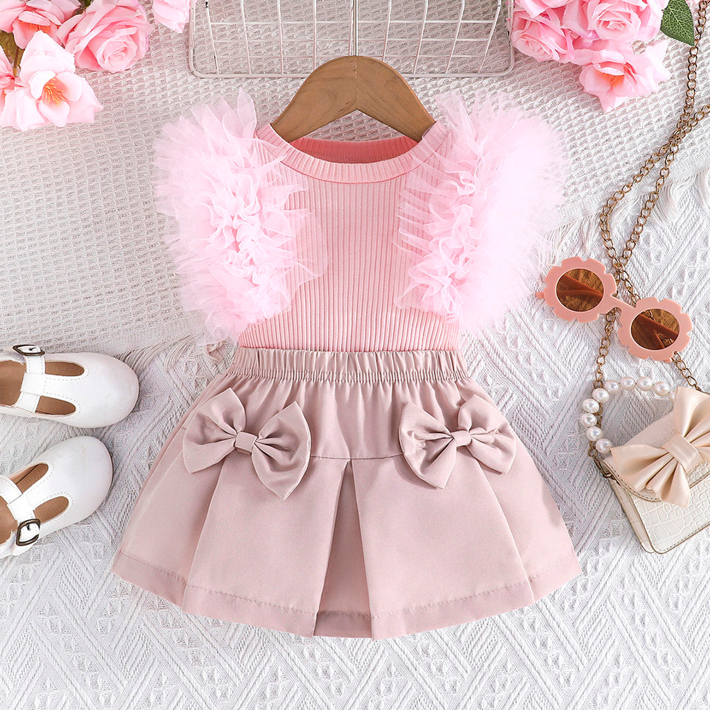 Girls Pink Ruffle Ribbed Top with Pleated Skirt Set Sets Pink 6-9 M 