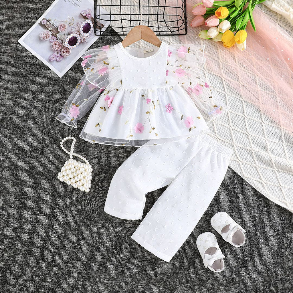 Girls White Floral Print Top with Pants Set Sets White 6-9 M 