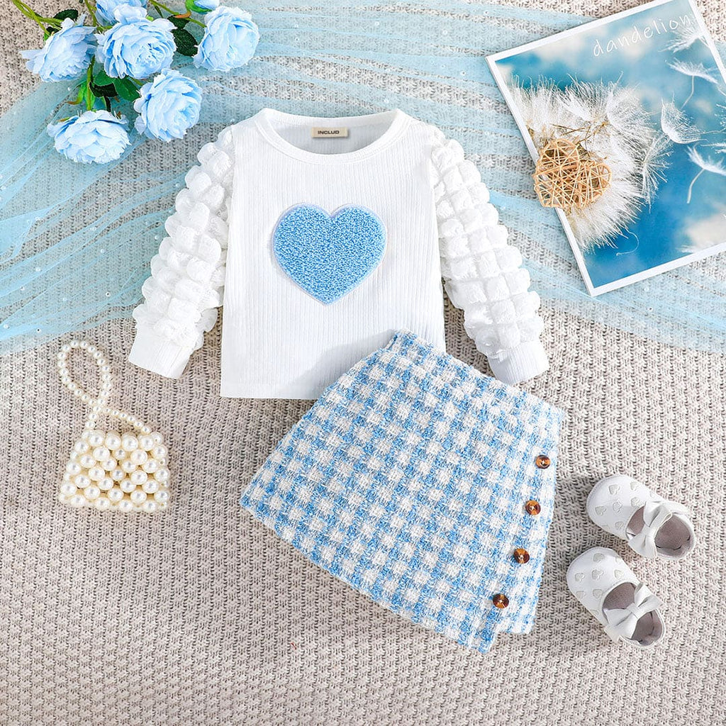 Girls Blue Puff Sleeves Top with Textured Skirt Set Sets Light Blue 6-9 M 