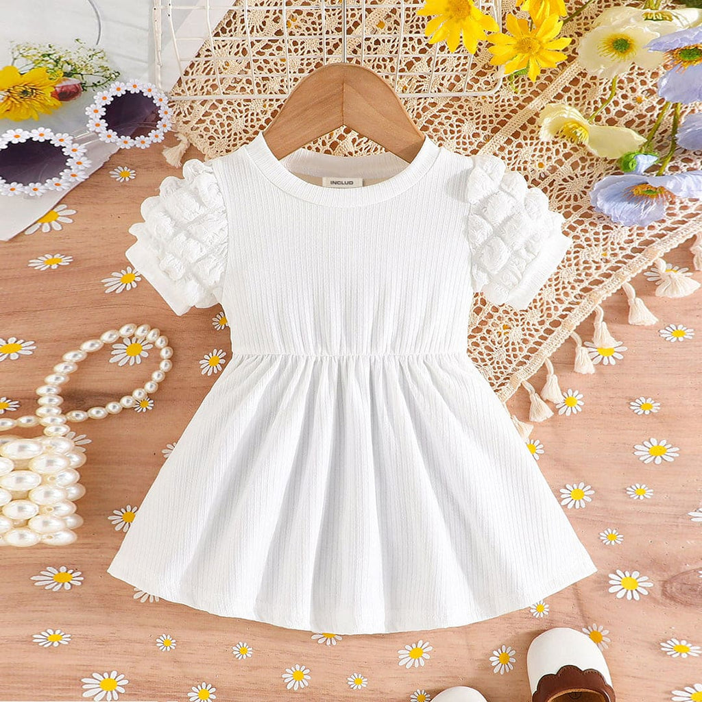 Girls White Puff Sleeves Fit & Flare Casual Dress Casual Dresses White 6-9 M 