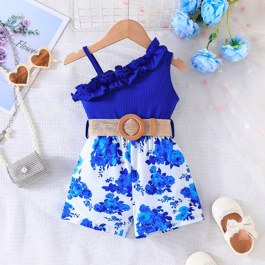 Girls Blue Floral Printed Sleeveless Jumpsuit Sets Blue 9-12 M 