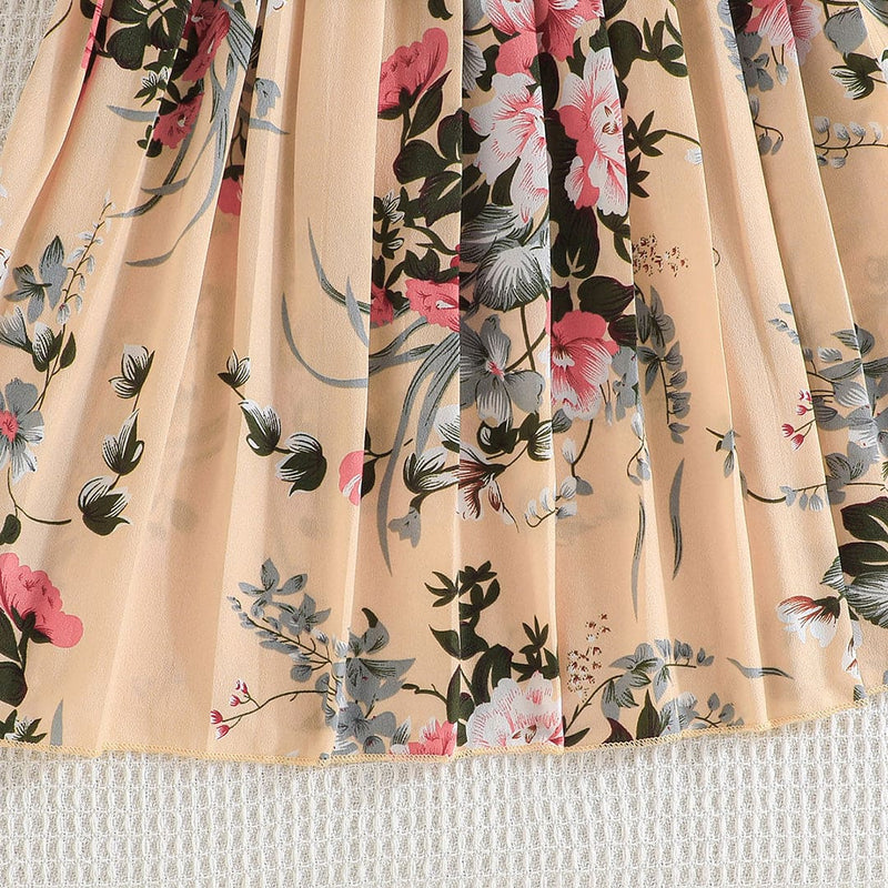 Girls Apricot Floral Print Pleated Casual Dress Casual Dresses   
