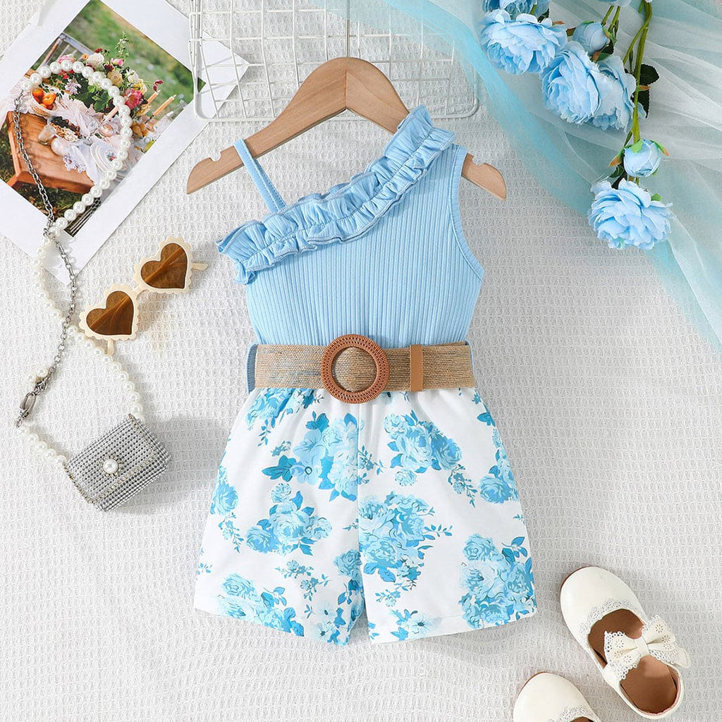 Girls Blue One Shoulder Floral Printed Jumpsuit Sets Blue 9-12 M 