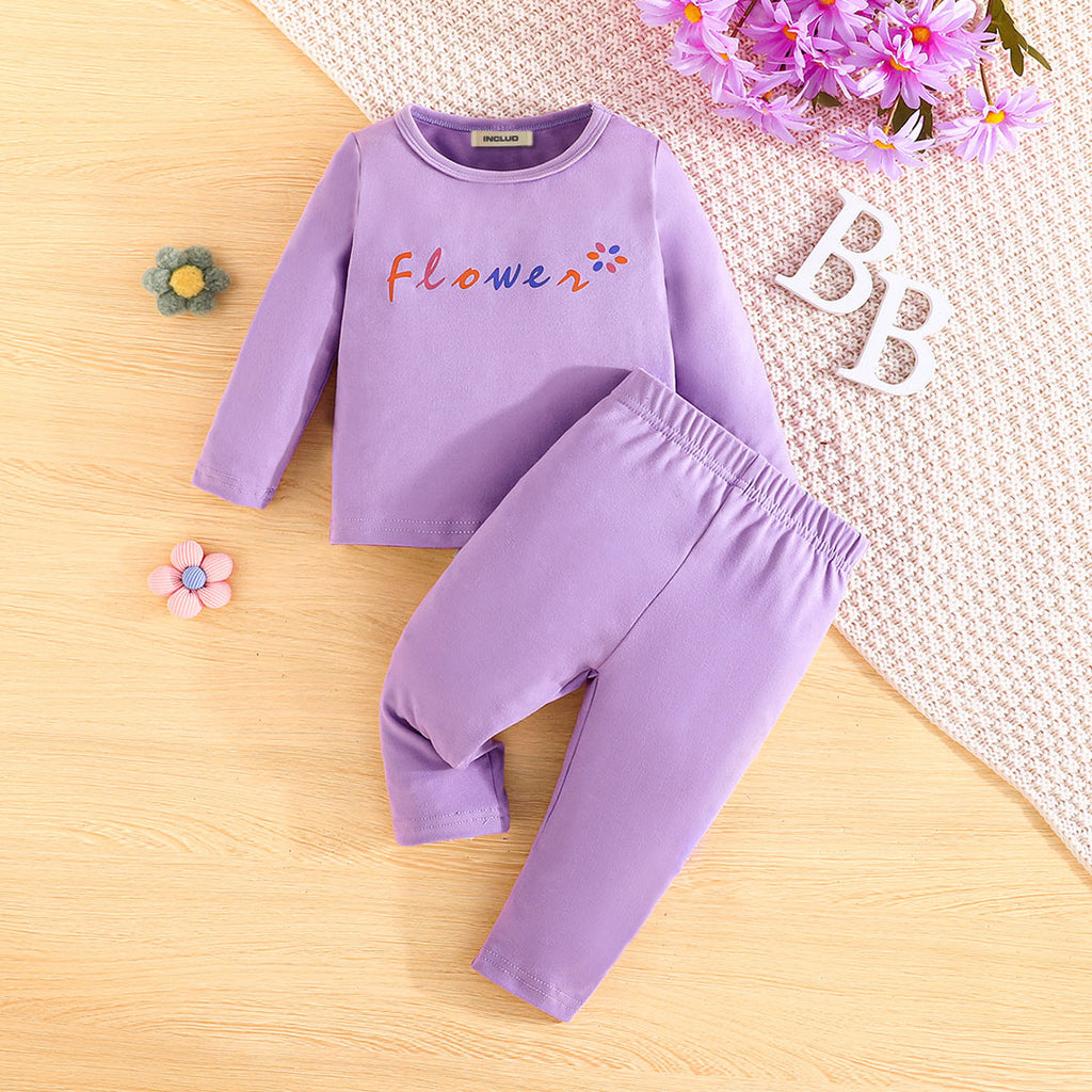 Girls Purple Printed Full Sleeves Sweatshirt with Trouser Set (Pack of 2) Sets Purple 6-9 M 