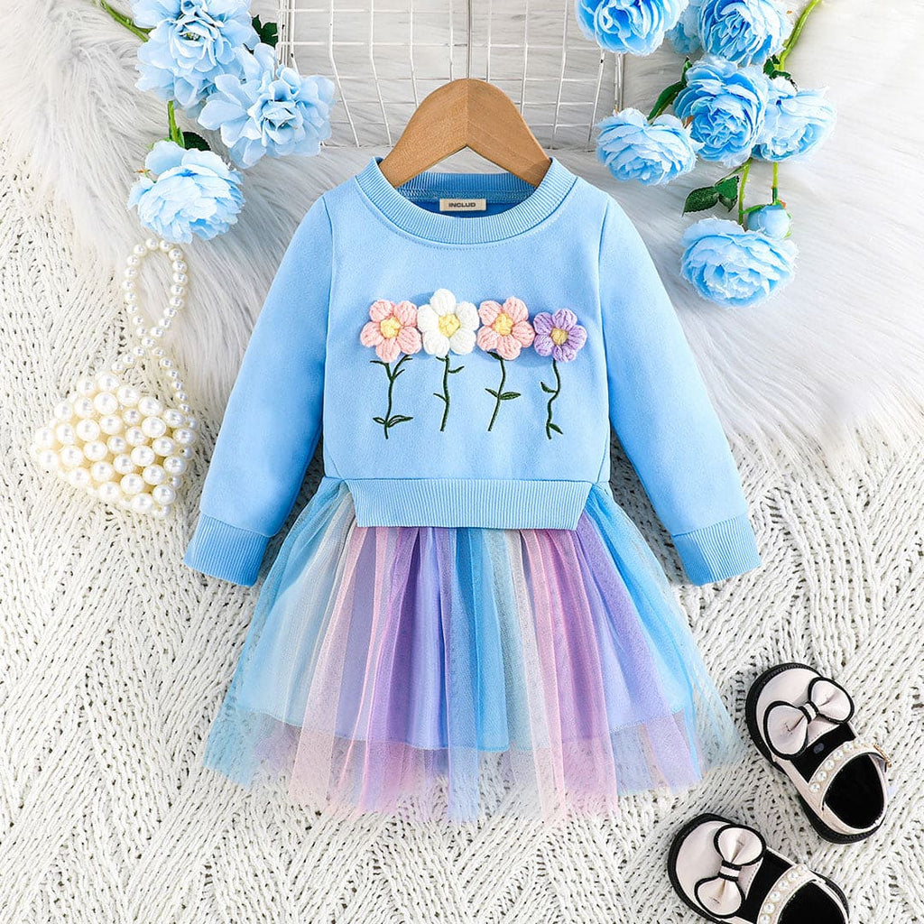 Girls Blue Full Sleeves Tulle Dress with 3D Flowers Casual Dresses Blue 6-9 M 