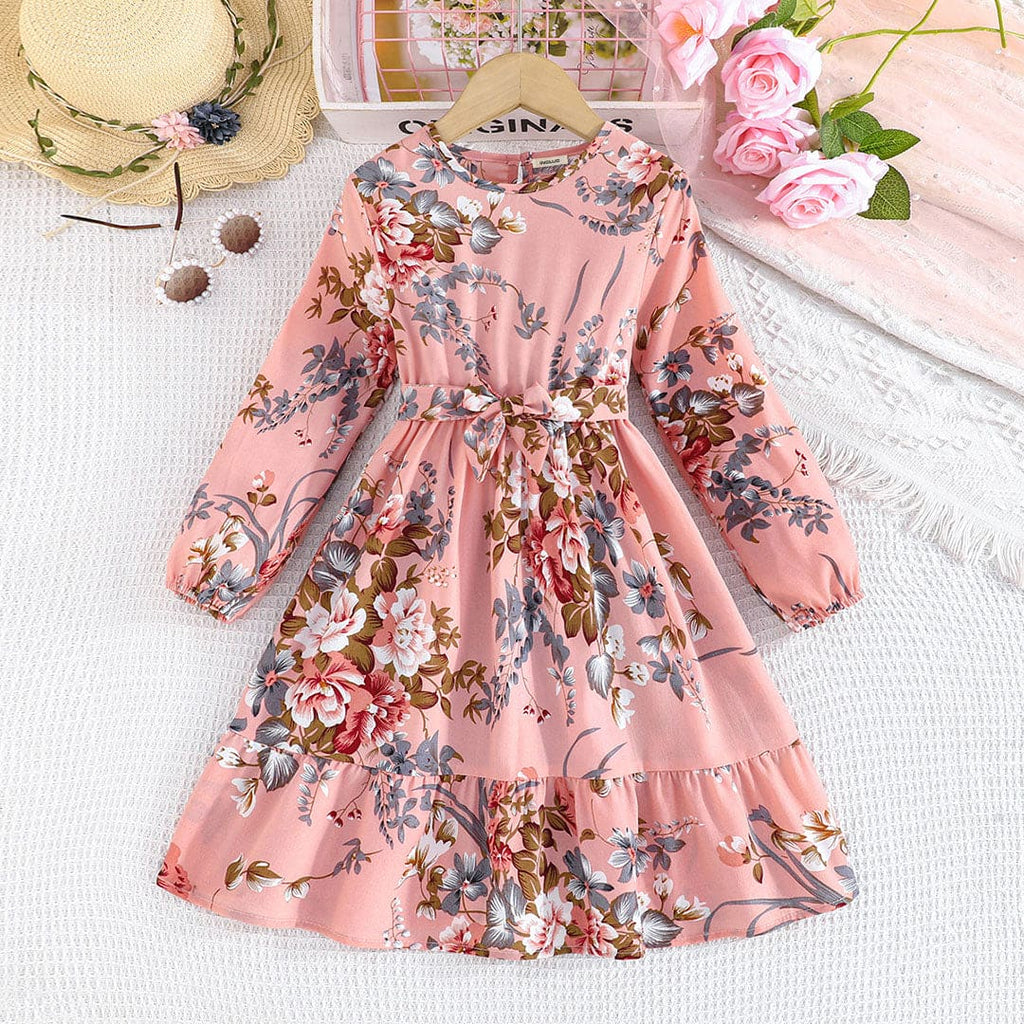 Girls Pink Floral Print Full Sleeves Dress Casual Dresses Pink 5-6 Y 