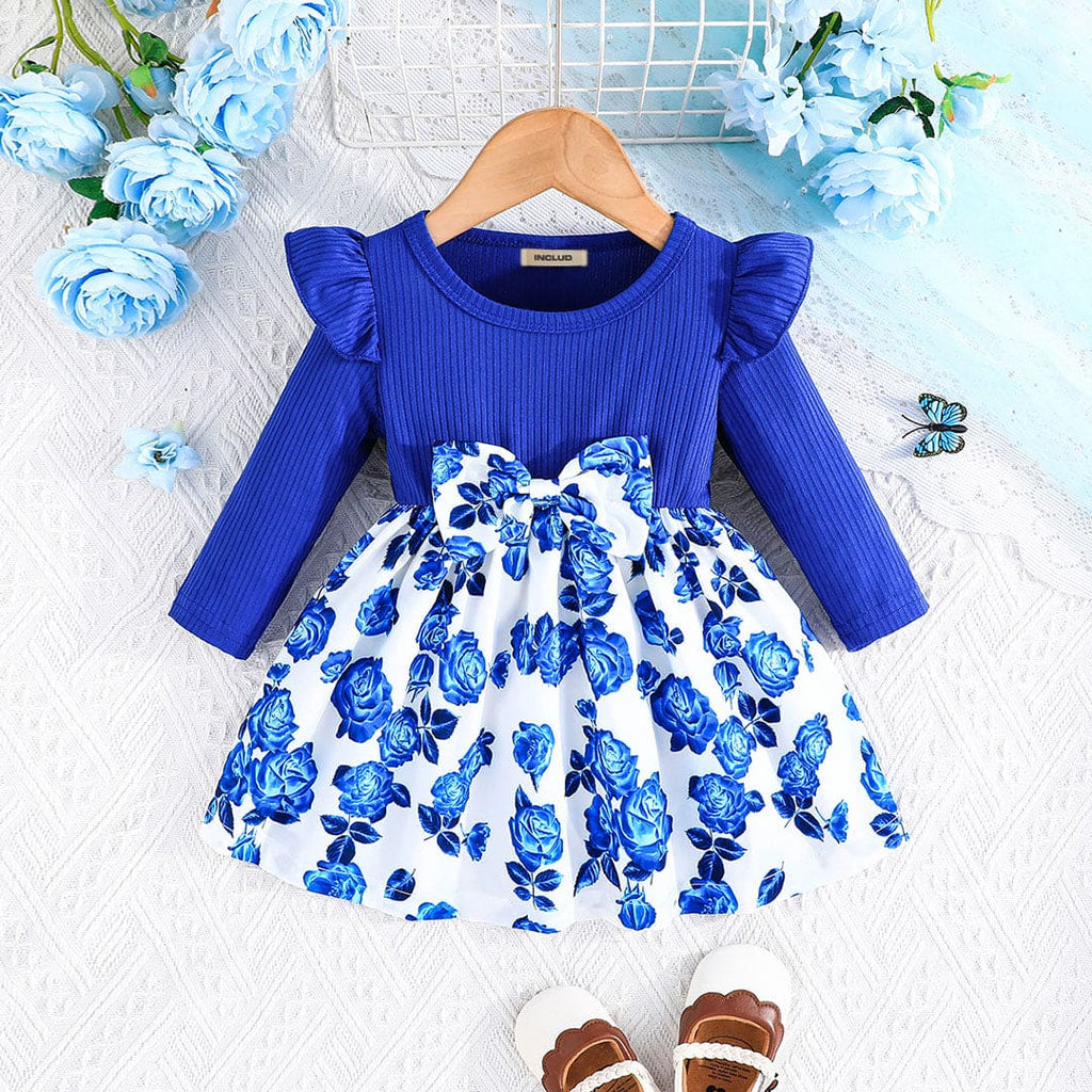 Girls Blue Butterfly Print Full Sleeves Causal Dress Casual Dresses Blue 6-9 M 