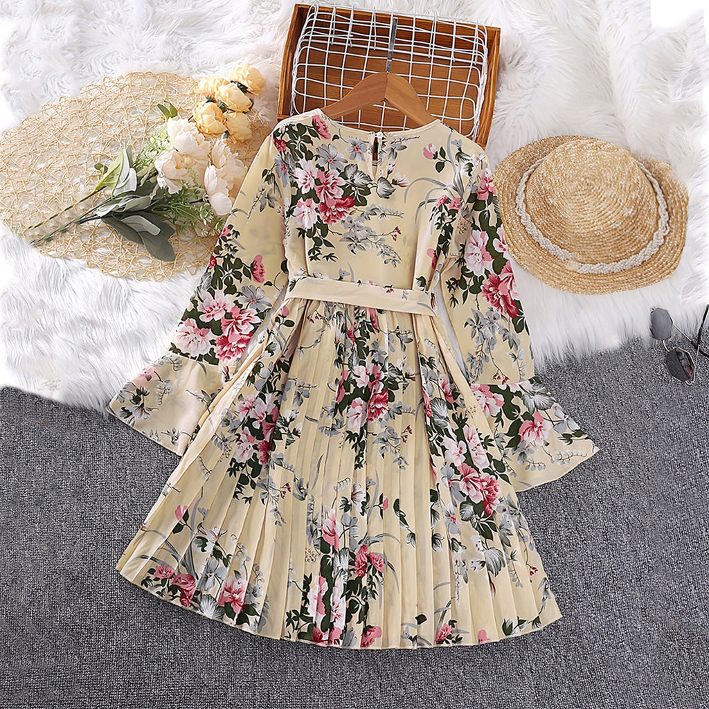 Girls Beige Floral Print Full Sleeves Pleated Casual Dress Casual Dresses Beige 5-6 Y 