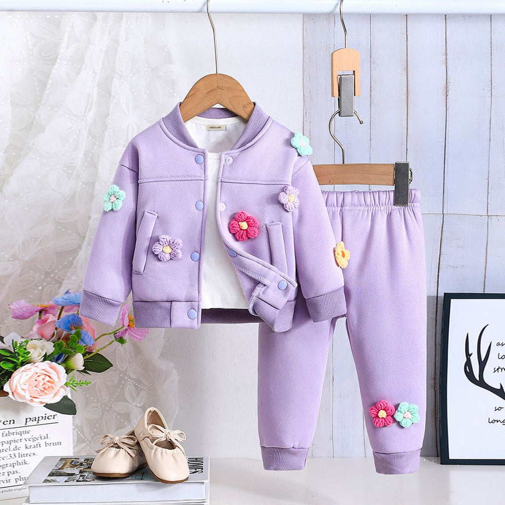 Girls Purple Floral Embroidered Jacket with Sweatpants Set Sets Purple 6-9 M 