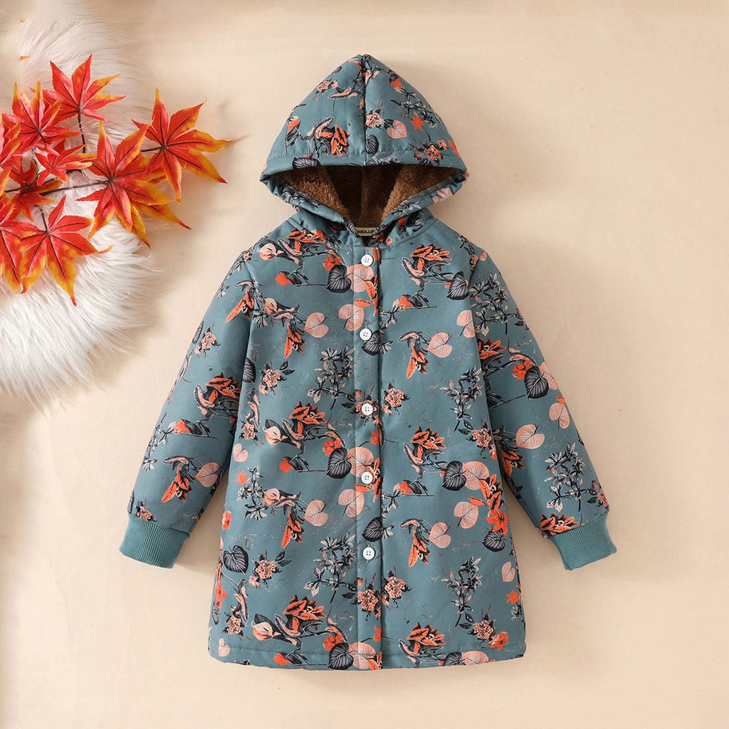 Girls Green Floral Printed Full Sleeves Hooded Jacket Coats & Jackets Green 4-5 Y