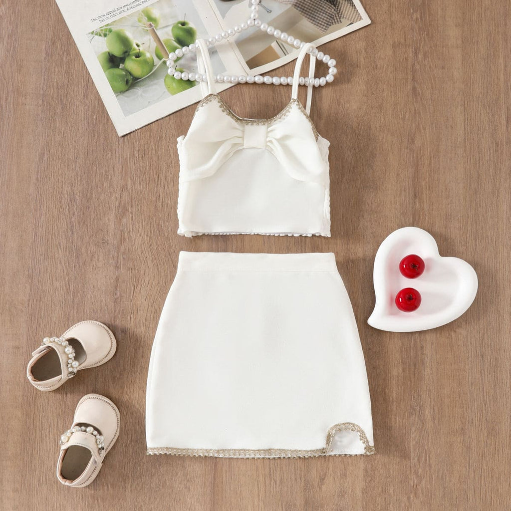 Girls White Beaded Strappy Top with Skit Set Sets White 4-5 Y