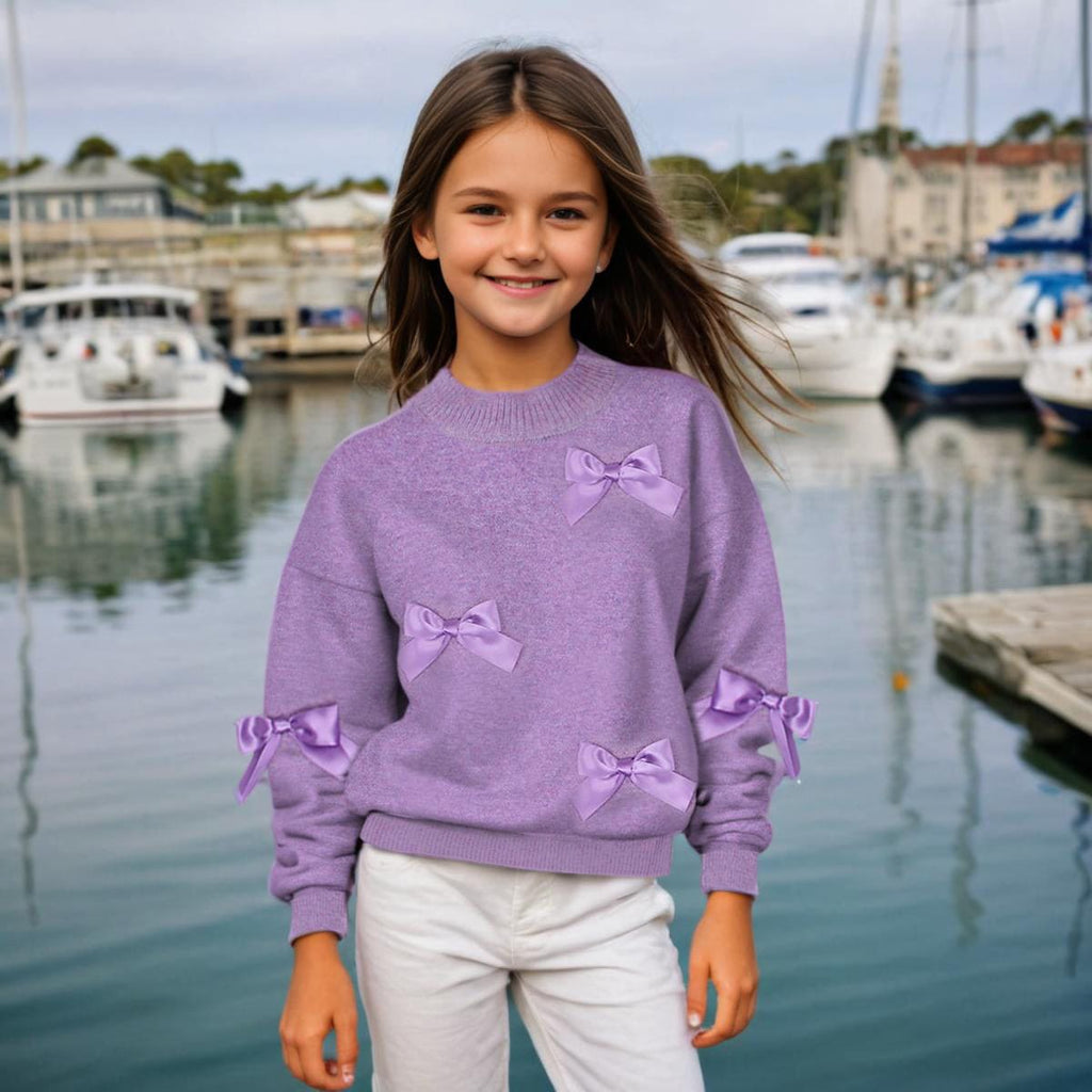 Girls Long Sleeve Soft Knit Sweater With Bow Sweaters & Cardigans Purple 9-10 Y 