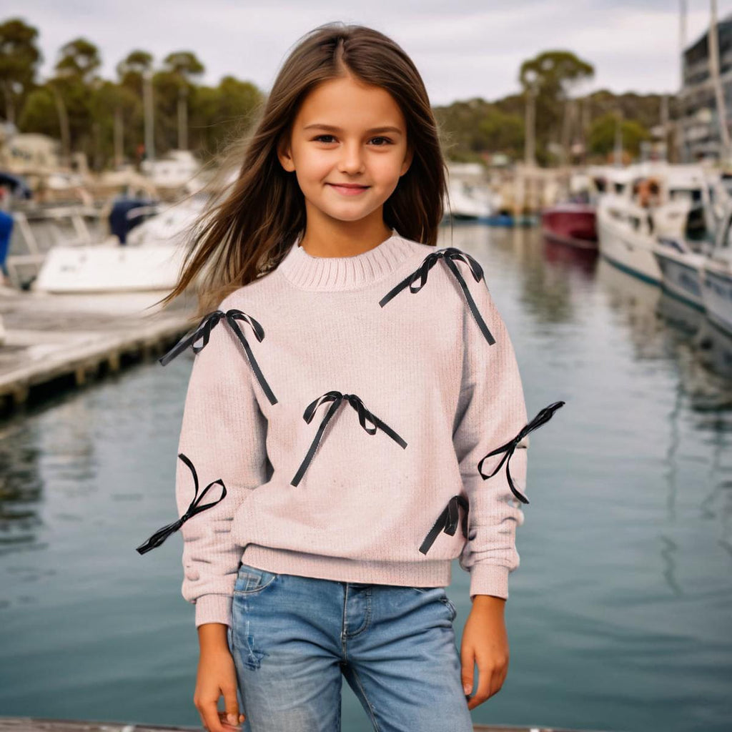 Girls Pink Long Sleeve Soft Feel Sweater With Bow Sweaters & Cardigans Pink 9-10 Y 