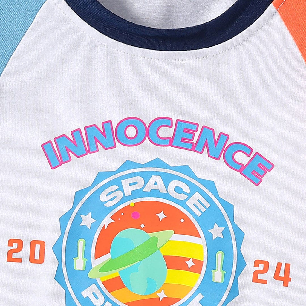 Boys White Printed Raglan Sleeves T-shirt Tshirts   